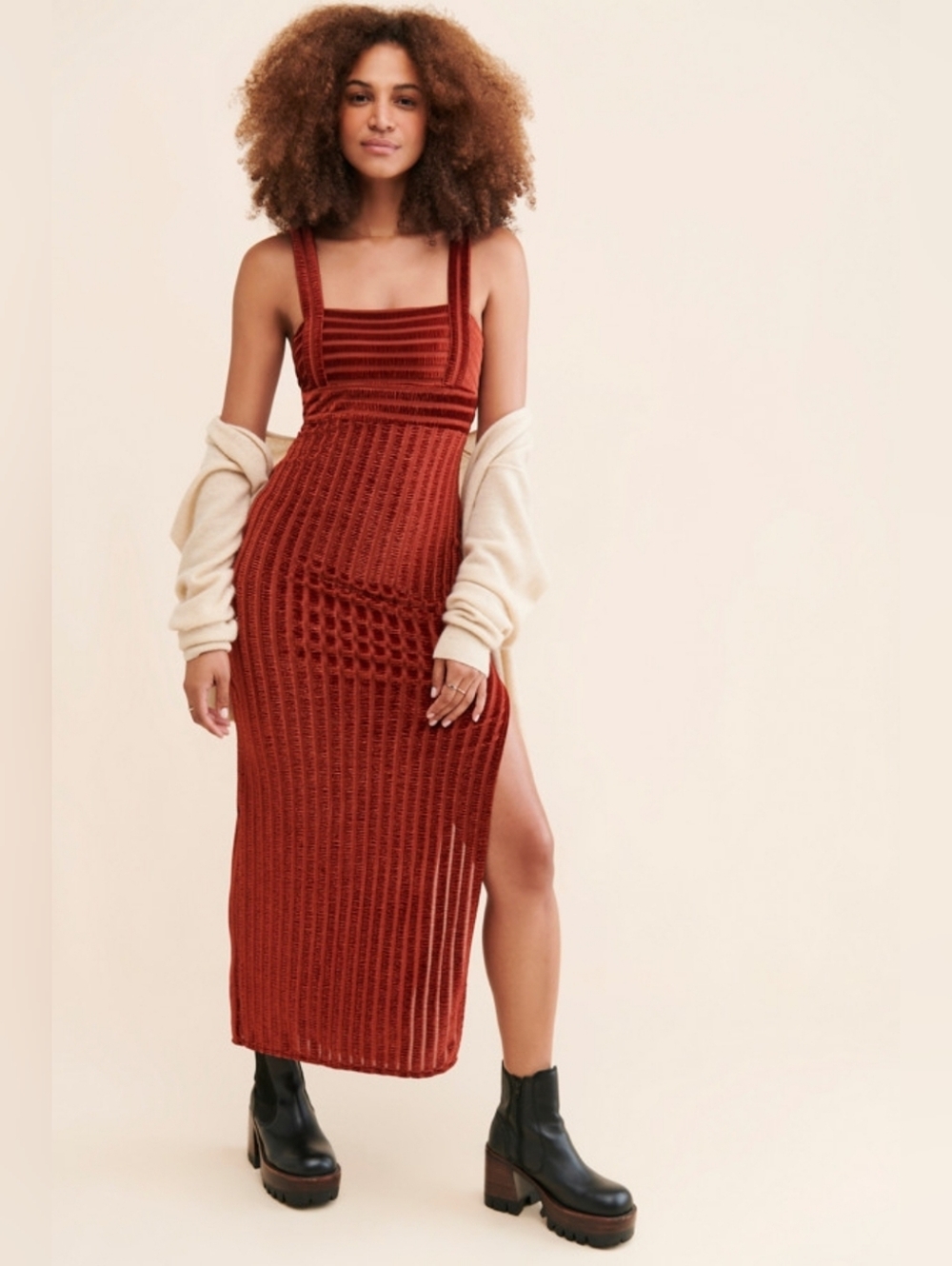 Free People Rust Velvet Maxi Knit Dress Square Neck Side Slit Medium - Picture 1 of 16